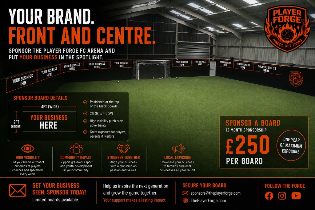 Player Forge arena sponsor board advertising opportunities showing pitch-side board placements